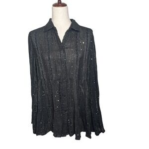 Linda Anderson Sequin Gauzy‎ Blouse Top Black Button Down Tiered Medium